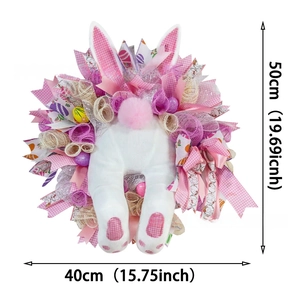 Easter bunny wreath detail showing white plush legs and colorful ribbon mesh with size specs