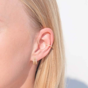 Three-layer gold C-shaped hoop earrings and ear cuff set with pavé white zircon stones