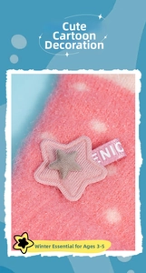 Detail of pink knitted star gloves for kids aged 3-5 with soft plush fabric and grey patch
