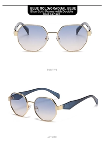 Detail view of octagon metal sunglasses with gold frame and blue gradient lenses