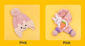 Detailed knit of pink winter hat and scarf set featuring 3D cartoon bunny and carrot