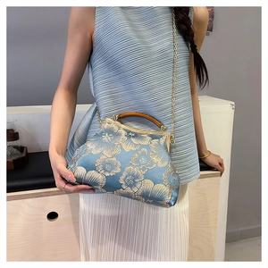 Blue silk clutch bag with gold floral embroidery and wooden handle for cheongsam outfit