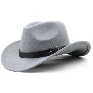 Classic light gray wool felt cowboy hat with black buckled leather belt for men and women