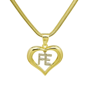 Close-up of a gold snake chain necklace with an openwork heart pendant and FE engraving