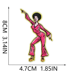 Detailed size view of disco girl embroidery patch with 8cm height and 4.7cm width dimensions