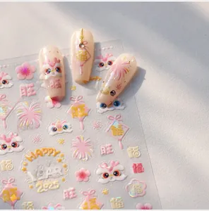 Detail of 3D embossed Lunar New Year nail stickers with lion dance and festive patterns