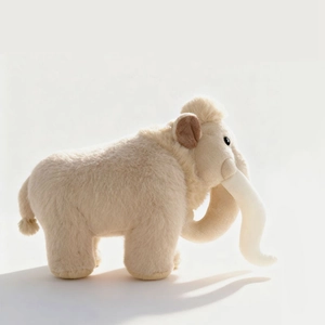 Soft plush mammoth doll in cream beige color featuring long tusks and fluffy fur texture