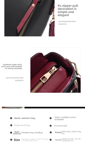 Close-up of golden zipper hardware and stitching on black leather handbag for women