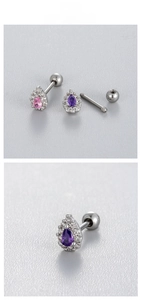 Detailed view of titanium steel teardrop earrings with pink crystals and screw backs