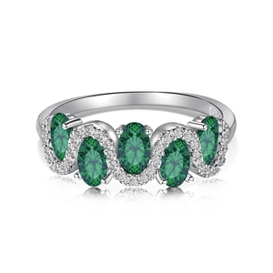 Elegant S925 sterling silver ring with oval green zircons in a wavy twisted design