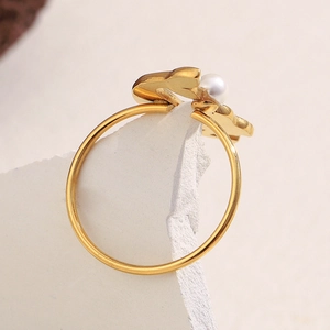 18K gold plated stainless steel mermaid rabbit ring with white pearl on white stone