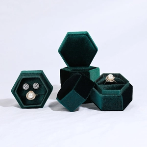 Hexagonal dark green velvet jewelry box for rings and earrings display and storage