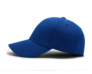 Side view of royal blue baseball cap with breathable pineapple fabric and curved visor