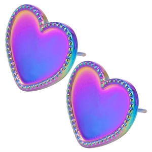 Detail of heart-shaped stainless steel stud earrings with rainbow PVD coating and beaded edge