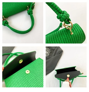 Detailed views of green woven handbag featuring gold metal rings and magnetic closure