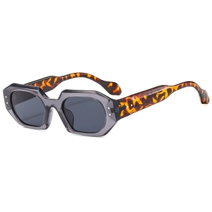 Chic hexagonal sunglasses featuring translucent gray frames and tortoiseshell temples