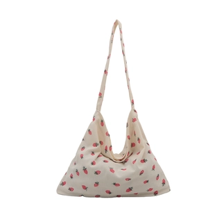 Large off-white corduroy tote bag with red strawberry print for shoulder or hand carry