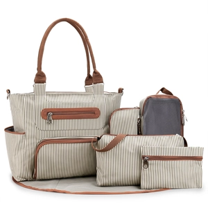 Multi Functional Diaper Bag Set Large Capacity Polyester Tote For Moms Striped Geometric Print With Changing Pad
