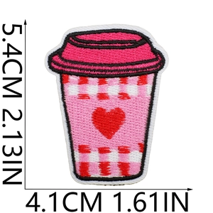 Pink coffee cup monster embroidery patch with size measurements 5.4x4.1CM for clothing