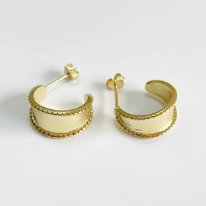 French style S925 sterling silver gold wide hoop earrings with textured sawtooth edges