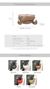 Detailed size chart for saddle shoulder bag showing dimensions and adjustable strap