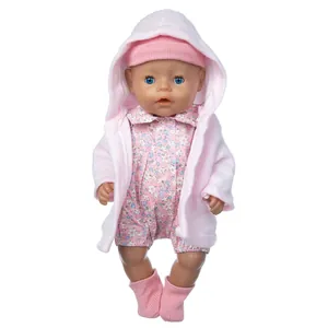 Pink plush doll sweater and floral jumpsuit outfit for 43cm realistic baby dolls