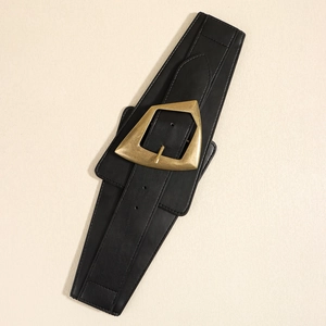 Women's wide black elastic waist belt with geometric vintage gold buckle for winter coats