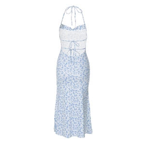 Detail view of tie-back open back design on blue floral halter midi dress