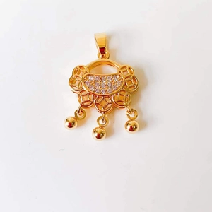 Detailed view of 18k gold Ruyi lock pendant with coin pattern and small bell charms