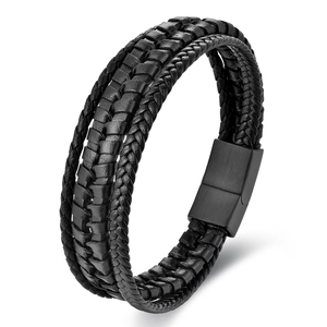 Men's double-layered black woven leather bracelet with stainless steel magnetic clasp