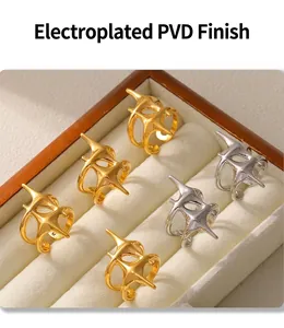 Detail of PVD electroplated gold and silver star rings in a jewelry display box