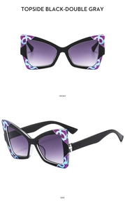 Front and side view of butterfly sunglasses with floral frames and gradient gray lenses