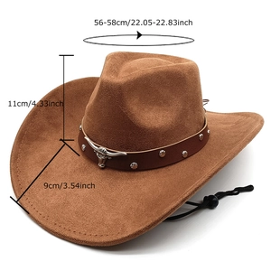 Chapeau de cowboy marron en suédine avec boucle tête de taureau et cordon réglable