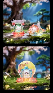 Detail of glow-in-the-dark translucent fox figurines in a cherry blossom forest setting