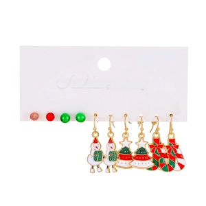 5-pair Christmas earring set with snowman, tree, and candy cane drops on card