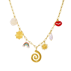 Gold chain necklace featuring colorful sun, rainbow, shell and lip charms on white background
