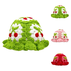 Handmade Crochet Kids Bucket Hat Cotton Knit Cherry Decor Ruffled Brim Sun Protection Hat For Girls Boys