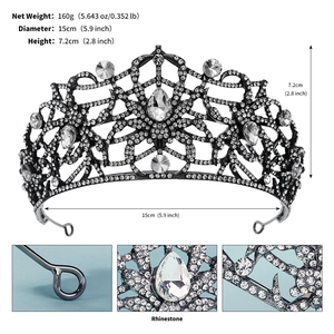 Detailed size parameters of the black rhinestone spider queen crown showing dimensions