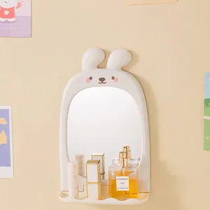 Cute white bunny ear wall-mounted vanity mirror with integrated storage shelf for makeup