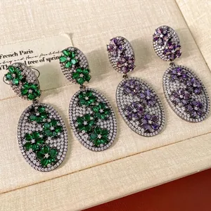 Vintage flower oval drop earrings with green and purple marquise stones in gunmetal