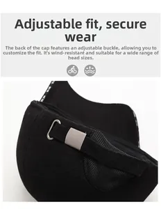 Detail of adjustable metal buckle and strap on the back of a warm winter baseball cap