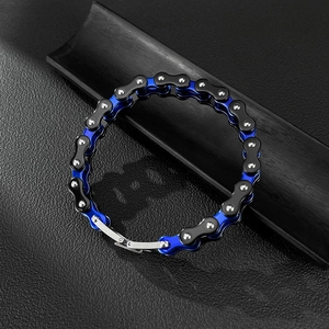Fashionable blue and black stainless steel bicycle chain bracelet with a secure fold-over clasp