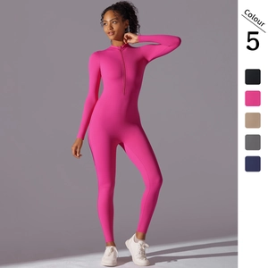 Women Long Sleeve Jumpsuit Half Zip Mock Neck High Stretch Breathable Slimming Athletic Yoga Fitness Bodysuit Solid Color