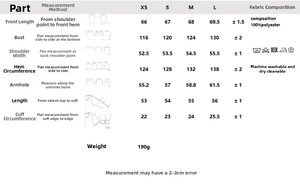 Detailed size guide for striped poplin shirt showing bust and length measurements