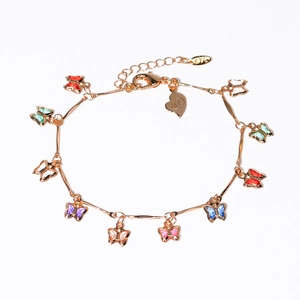 Elegant gold-plated bracelet with ten colorful butterfly charms on white background