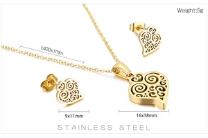 Detailed specifications of golden stainless steel heart necklace and earring jewelry set