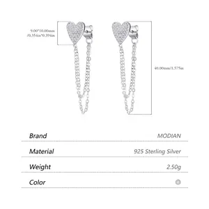 925 Sterling Silver long tassel heart earrings with sparkling cubic zirconia pavé