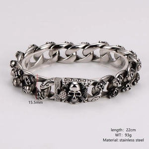 Retro stainless steel double-row skull bracelet with wide link chain for men in punk style