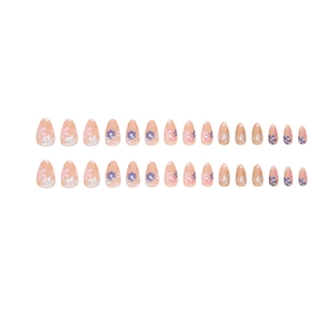 Floral almond press-on nails with sweet flower patterns and nude pink base color