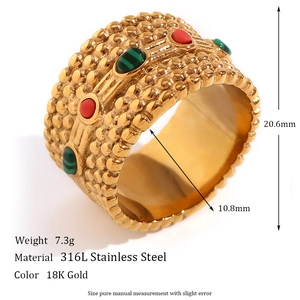 Bohemian 18K gold plated stainless steel ring with natural stone and dot texture